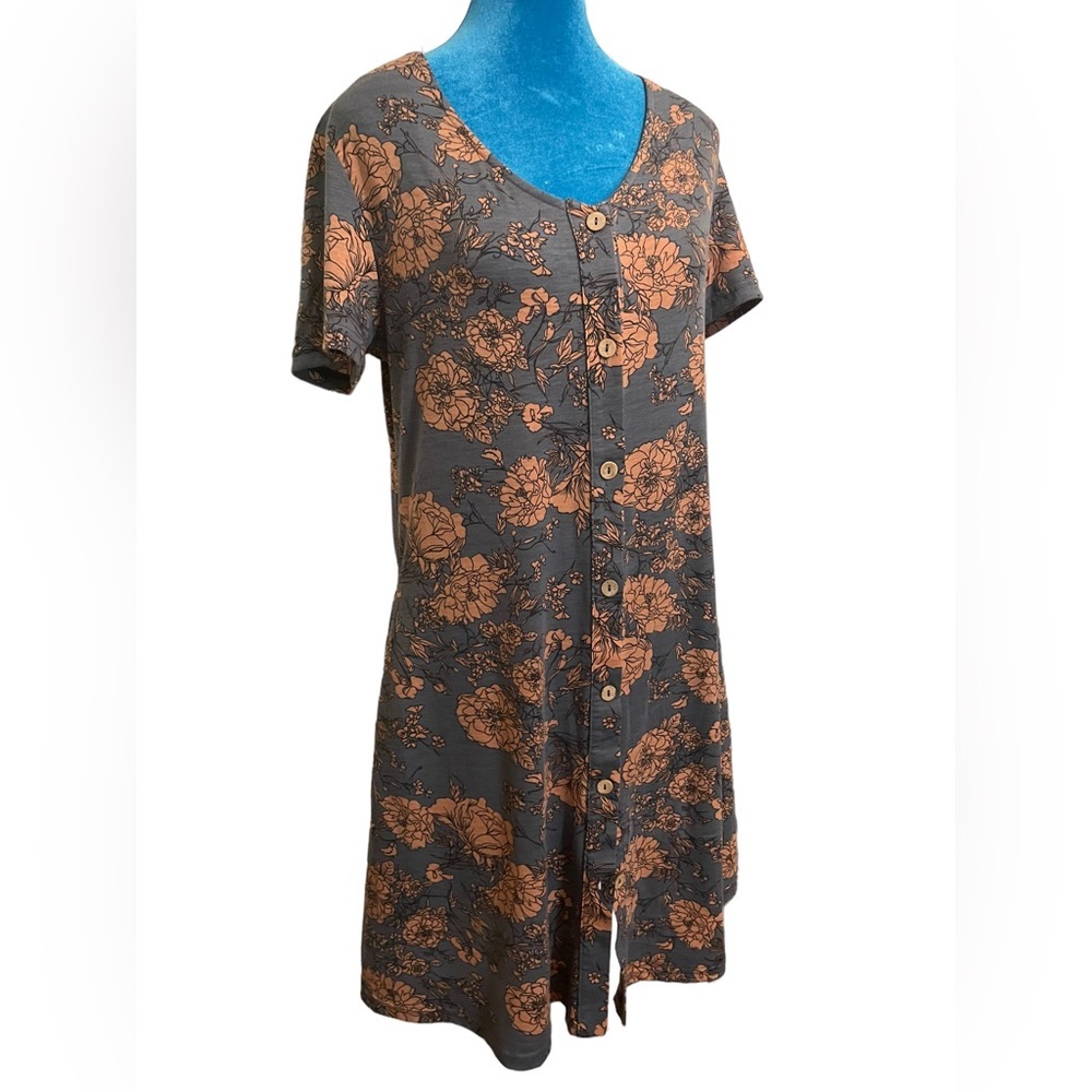 short sleeve button down gray dusty rose floral cottagecore dress - Picture 7 of 12